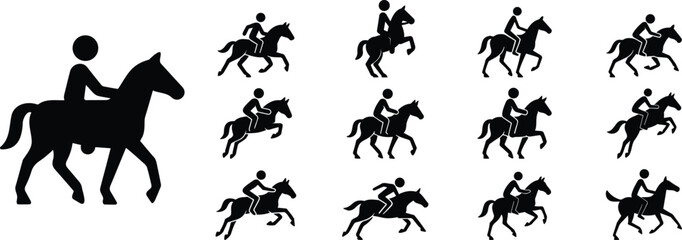 Horse riding mega collection silhouette set, Equestrian sport and jockey icon pack, Horseback rider action figure collection