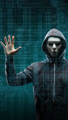 Dangerous hacker over abstract digital background with binary code. Obscured dark face in mask and hood. Data thief, internet attack, darknet fraud, virtual reality and cyber security.