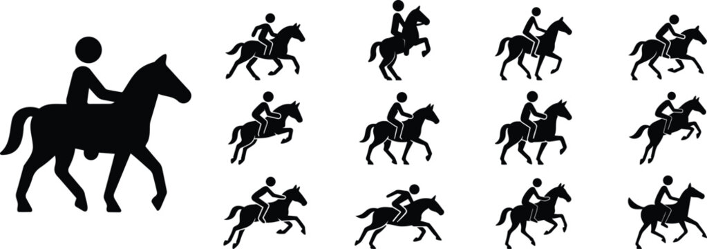 Horse riding mega collection silhouette set, Equestrian sport and jockey icon pack, Horseback rider action figure collection