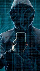 Anonymous computer hacker with a smartphone over abstract digital background. Obscured dark face in mask and hood. Data thief, internet attack, darknet fraud, dangerous viruses and cyber security.