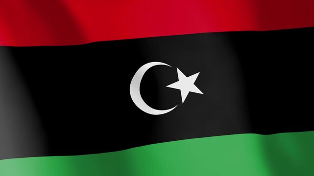 Flag of Libya animated background. Symbol of the Libyan nation and their culture. Waving flag in the wind footage. A star and crescent symbol is part of the state ensign.