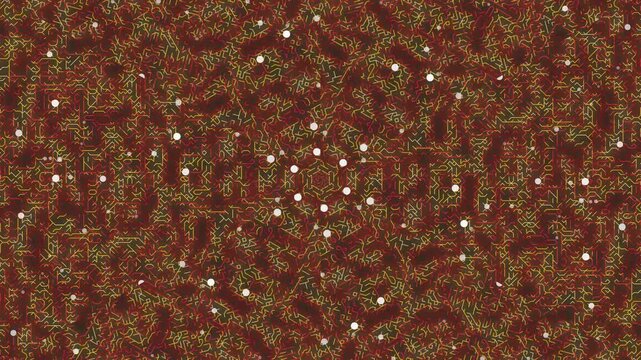 Abstract, hypnotic, repeating, swirling, textured, bokeh pattern of tiny white lights in a dark red and green cosmic nebula or organic cellular structure, digital art. Abstract