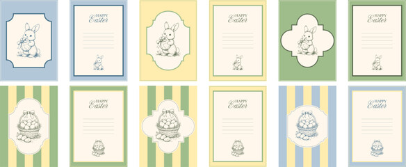 Vintage Easter card set with bunny and egg basket illustrations in pastel blue, green and yellow frames, perfect for spring invitations, greetings and holiday prints © thebeststocker