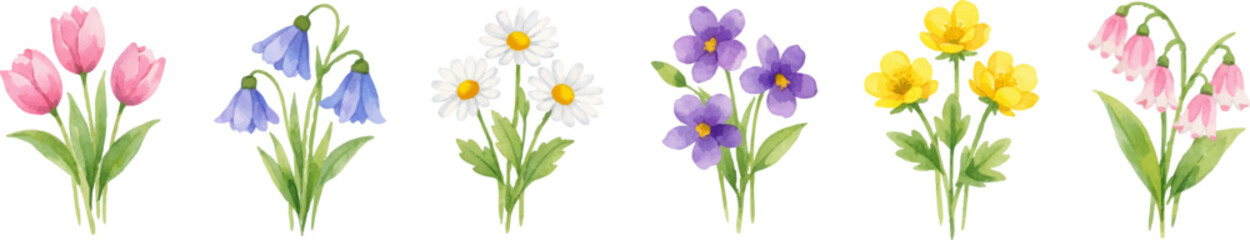 Fototapeta premium Watercolor spring flowers set with tulips, bluebells, daisies, violets and yellow blossoms, perfect for Easter invitations, greeting cards and floral designs