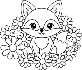 Obraz premium Adorable baby fox illustration sitting in a flower wreath