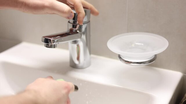 Homme se lavant les mains sous l&rsquo;eau courante dans une salle de bain moderne &ndash; 4K 25p