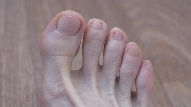 Beautiful male foot. Foot of adult man. Man wiggles his toes. Nails are neatly trimmed. Foot and toes of an adult man, close-up shot
