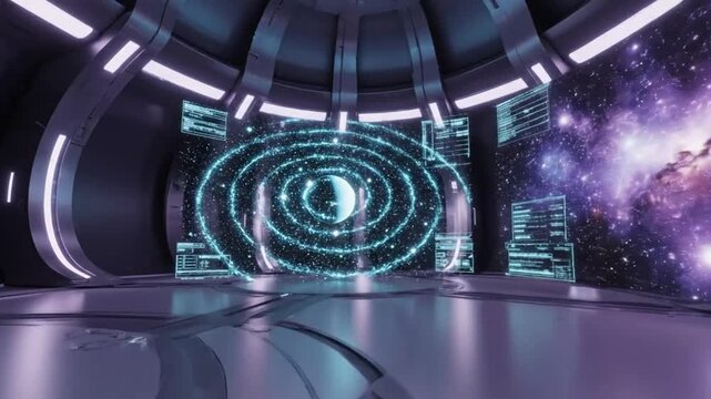 Futuristic Space Training Simulation Chamber with Holographic Star Maps in Cinematic 4K Sci Fi Render