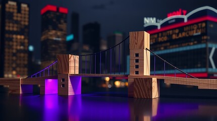 Fototapeta premium wooden model of a suspension bridge against city skyline