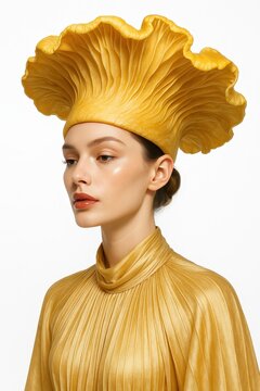 A collection of women's mushroom-shaped hats. Elegantly styled portrait of a woman wearing an oversized golden-yellow headpiece that mimics a frilled mushroom cap, paired with a high-neck pleated sati