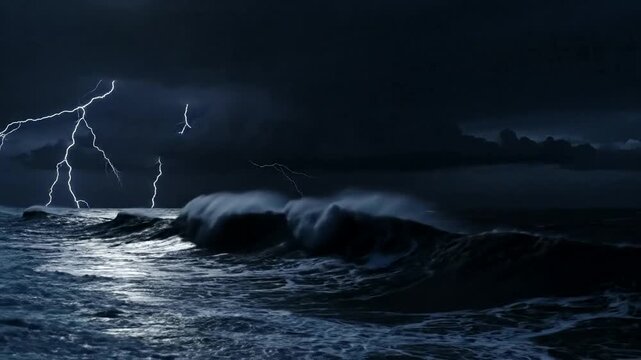 Dramatic Ocean Storm with Lightning Illuminating Dark Waves.