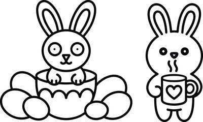 Two cartoon bunnies with cups and hearts