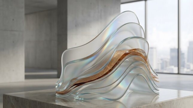 An elegant abstract sculpture, featuring iridescent wavy glass layers intertwined with a metallic bronze ribbon, sits gracefully on a marble plinth in a minimalist contemporary interior.