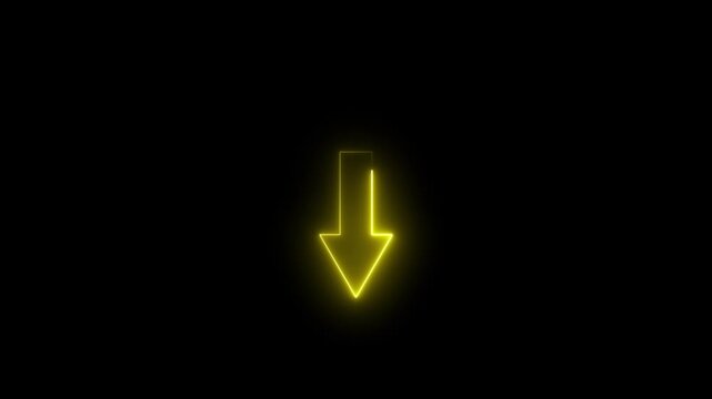 Glowing Neon down direction yellow arrow icon animation. Animated arrow moving to down on black background