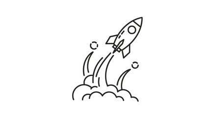 Naklejka premium Simple line art icon depicting a stylized rocket taking off with powerful exhaust flames and smoke on transparent background