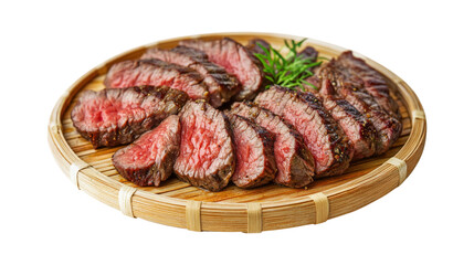 Obraz premium Succulent medium rare beef slices with rosemary on decorative platter