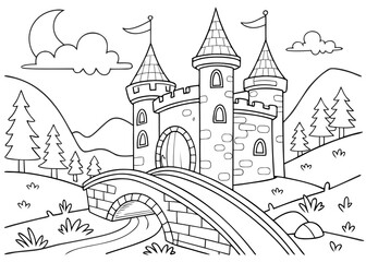 Obraz premium Whimsical black and white line art coloring page featuring a medieval castle protected by a stone bridge set against rolling hills and a crescent moon sky.