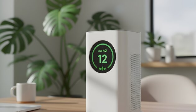 Modern white air purifier with green air quality display on office desk