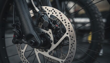 Fototapeta premium Close-up of a sleek bicycle disc brake and wheel in modern design