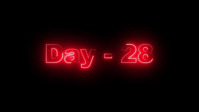 Vibrant red neon glowing text displaying Day 28 against a solid black background, ideal for countdowns, milestones, daily challenges, time management concepts, and modern digital art designs.