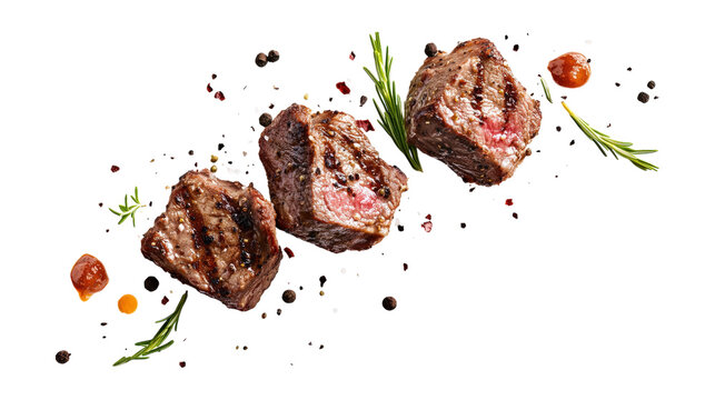 Three grilled beef steak cubes with rosemary and spices floating on transparent layout