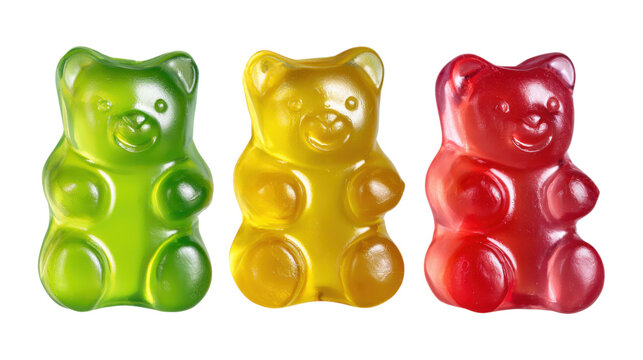 Three gummy bears candy in green yellow and red colors isolated on transparent background