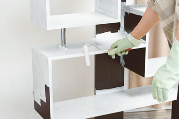 Person Painting Modern Shelf with Roller Brush © Elena