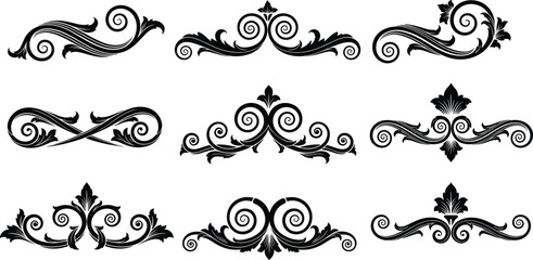 Obraz premium Set of elegant vintage ornamental flourishes and decorative baroque swirl dividers, classic black vector design elements for luxury decoration