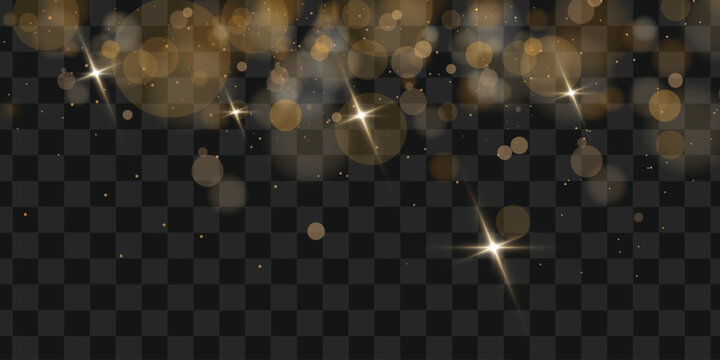 Golden bokeh lights and sparkling stars border on transparent background with dark gradient. Perfect for luxury event invitations, New Year and Christmas party flyers, elegant sale banners