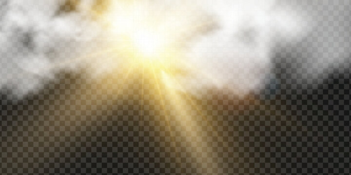 Bright golden sun burst shining through soft white clouds on transparent background. Perfect for weather app icons, sky scene illustrations, inspirational quote designs, spiritual themes