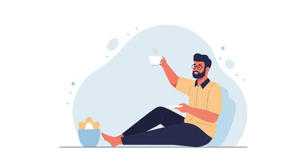 Obraz premium Relaxed Man Enjoys Breakfast With Coffee And Eggs