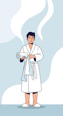 Obraz premium Relaxed Man in Robe Holding Towel and Ready for Spa Treatment, Wellness Concept Illustration