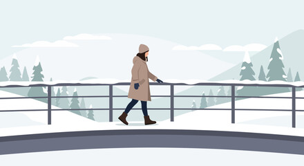 Obraz premium Serene Winter Bridge Walk A Solitary Figure Amidst Snowfall