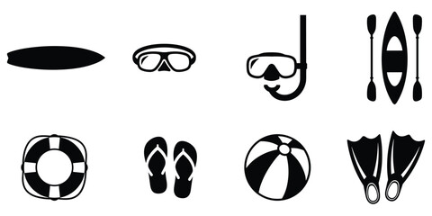 Black and White Silhouette Icons for Beach and Water Activities Keywords: surfboard, snorkeling mask, diving mask, snorkel © MdZabed