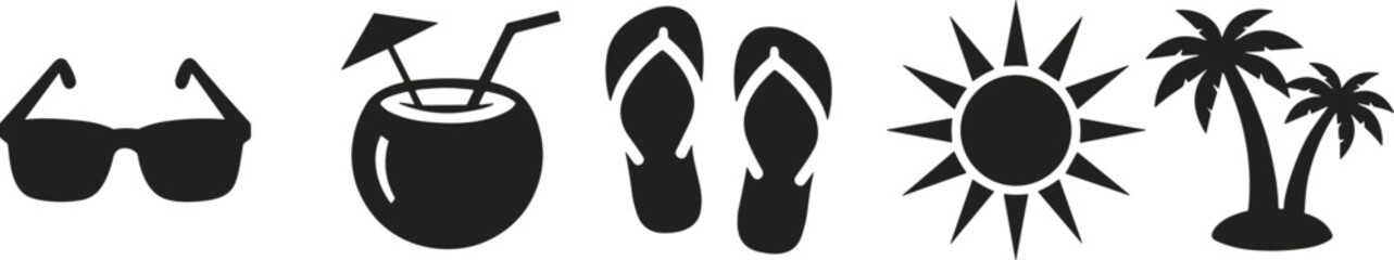 Black and White Silhouette Icons of Summer Beach Essentials on White Background vacation travel