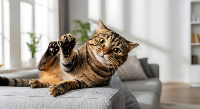 A playful tabby cat with big eyes looks directly at the camera while lying on a sofa