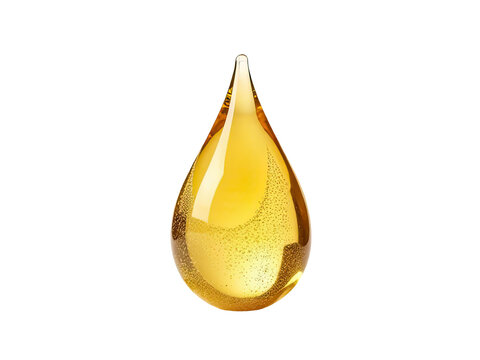 A single yellow drop of liquid sits on a clean white background