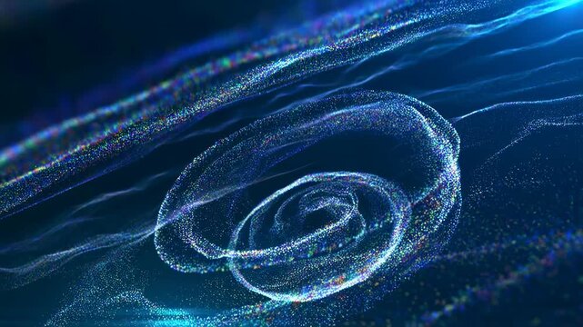 Abstract swirling particles in a blue digital environment. Represents innovation, technology, and the flow of information in a modern world