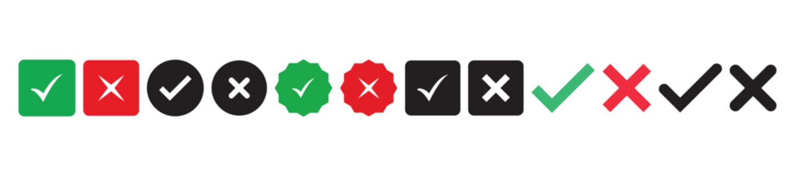 Green check mark, red cross mark icon set. symbols, checklist signs, approval badge. Isolated checkmark signs on white background. design illustration.