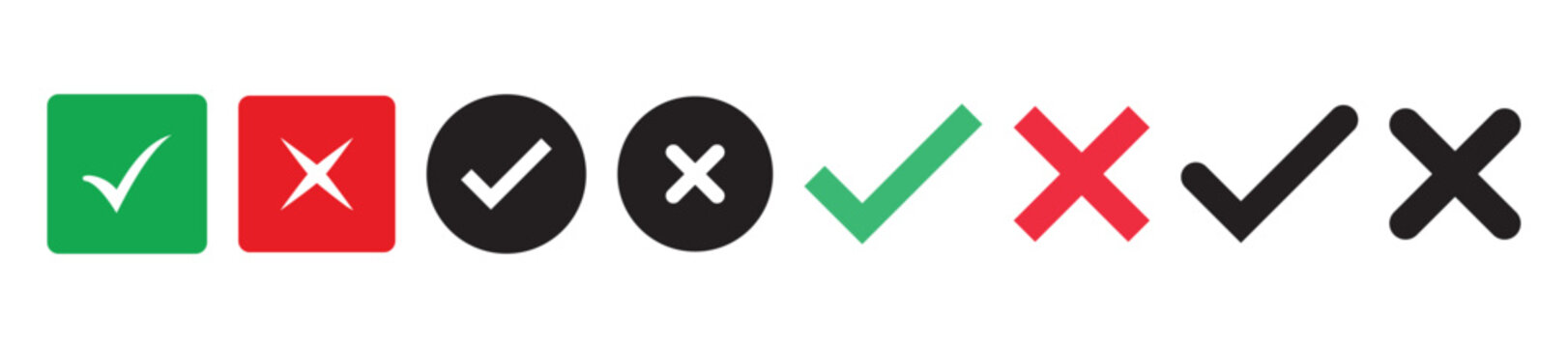 Green check mark, red cross mark icon set. symbols, checklist signs, approval badge. Isolated checkmark signs on white background. design illustration.