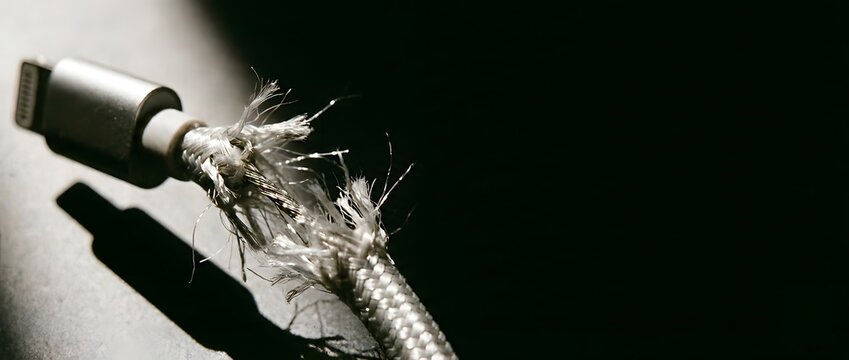 Damaged Frayed Charging Cable - Close-up on Broken Technology