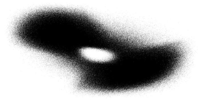 An amorphous black splotch with a spray paint effect. Features a dense, dark core that fades into a fine, grainy mist with soft, irregular edges.