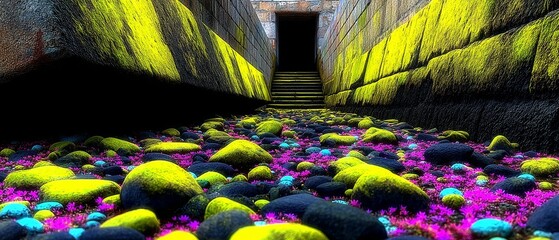 Colorful Mossy Tunnel With Bright Pink Flowers, Wet Stones, and Staircase Entrance