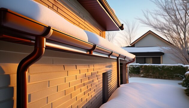 sleek roof gutter and downpipe with snow on modern home architectural detail system