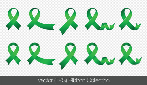 Set of vector green awareness ribbons isolated on transparent background for mental health, organ donation and kidney cancer awareness campaigns. Ribbon designs for healthcare, awareness posters