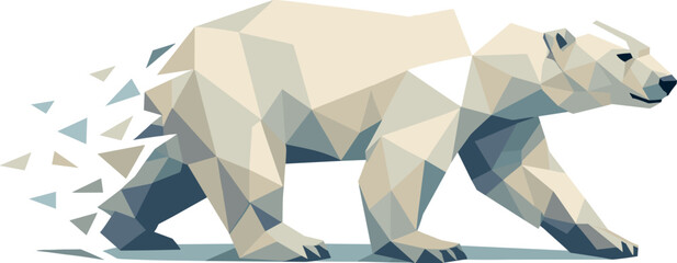 Obraz premium Low-poly vector illustration of a polar bear continuing the prowl with calm authority, steady angular stride and relaxed yet