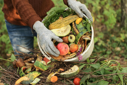 Food waste, scrap of vegetables and fruits in bucket for compost close up. Farmer composting in compost heap pile, zero waste concept