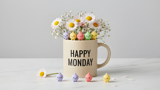 A happy monday mug with daisies and easter eggs