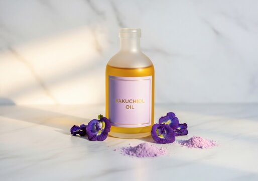 Natural Bakuchiol Oil Bottle with Butterfly Pea Flowers and Purple Powder on White Marble Background