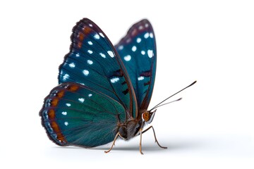 A blue butterfly with bright spots rests on a white surface